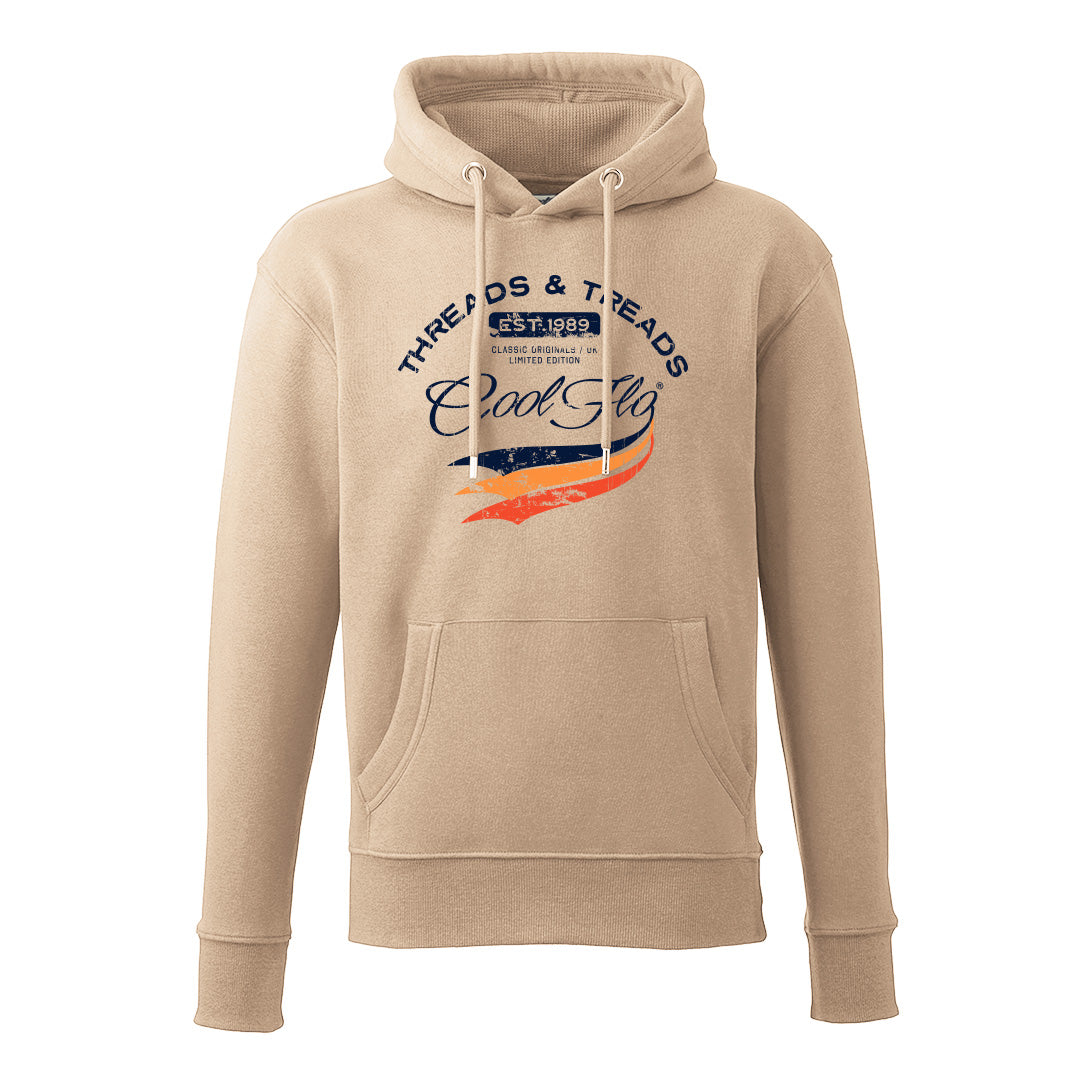 Cool Flo 'Threads and Treads' desert sand hoody with blue and orange print on the front. 