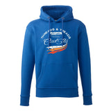 Cool Flo 'Threads and Treads' royal blue hoody with white and orange print on the front. 