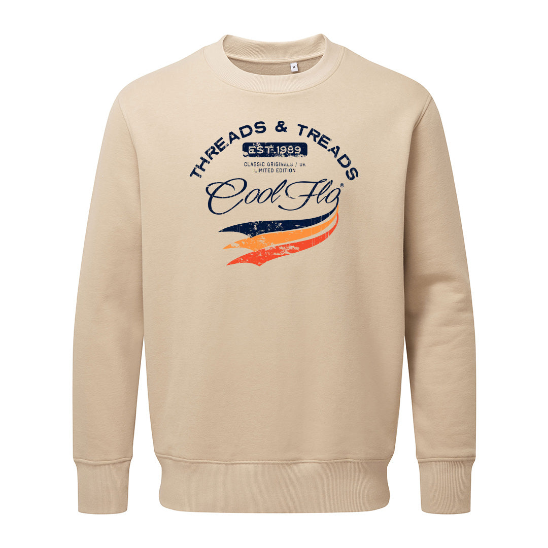 Cool Flo 'Threads and Treads' desert sand sweatshirt with blue and orange print on the front. 