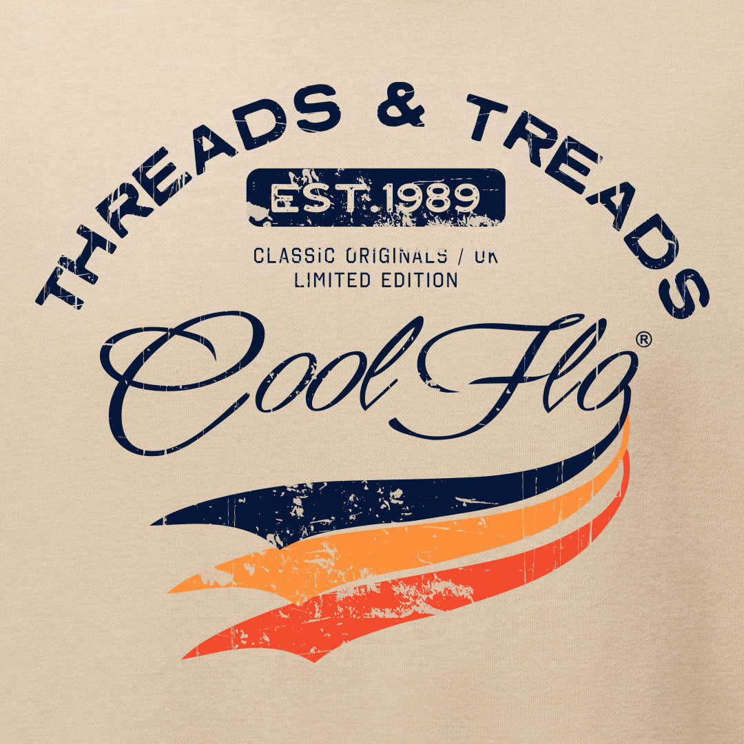Cool Flo 'Threads and Treads' desert sand sweatshirt with blue and orange print on the front. 
