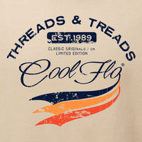 Cool Flo 'Threads and Treads' desert sand sweatshirt with blue and orange print on the front. 