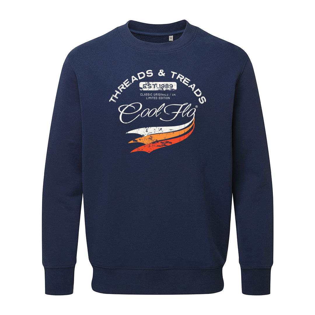 Cool Flo 'Threads and Treads' navy blue sweatshirt with white and orange print on the front. 