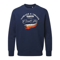 Cool Flo 'Threads and Treads' navy blue sweatshirt with white and orange print on the front. 