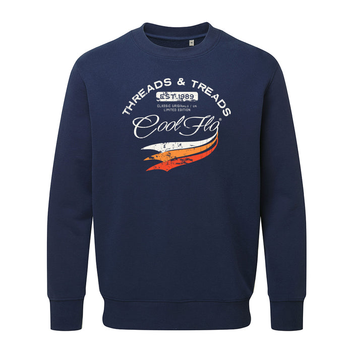 Cool Flo 'Threads and Treads' navy blue sweatshirt with white and orange print on the front. 