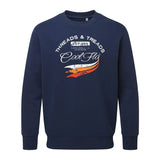 Cool Flo 'Threads and Treads' navy blue sweatshirt with white and orange print on the front. 