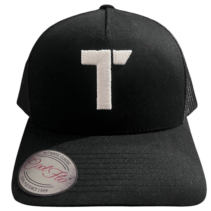 Black Tenacious trucker cap with embroidered white high-build/3D 'T' logo