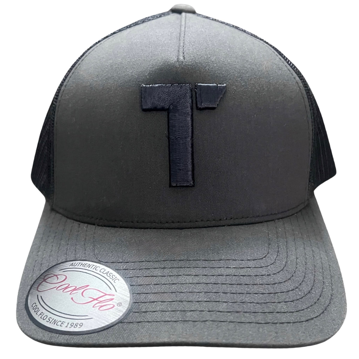 Charcoal grey Tenacious trucker cap with embroidered tonal grey high-build/3D 'T' logo