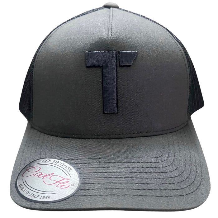 Charcoal grey Tenacious trucker cap with embroidered tonal grey high-build/3D 'T' logo
