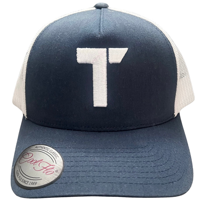 Navy/White Tenacious trucker cap with embroidered white high-build/3D 'T' logo