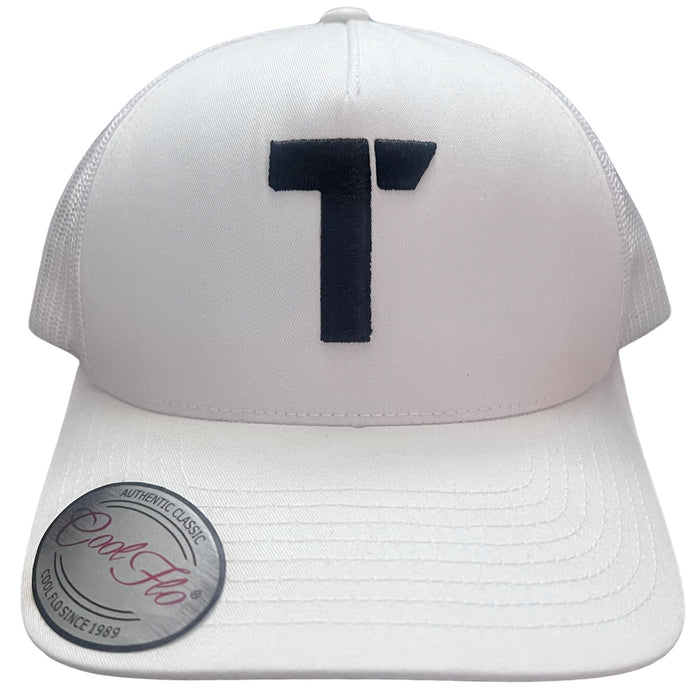 White Tenacious trucker cap with embroidered black high-build/3D 'T' logo
