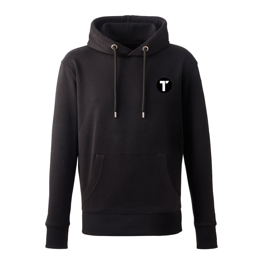 Black Hoody with Tenacious 'T'  logo embroidered in black and white on the left chest.