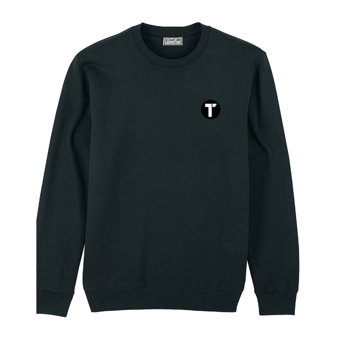 Black sweatshirt with Tenacious 'T'  logo embroidered in black and white on the left chest.