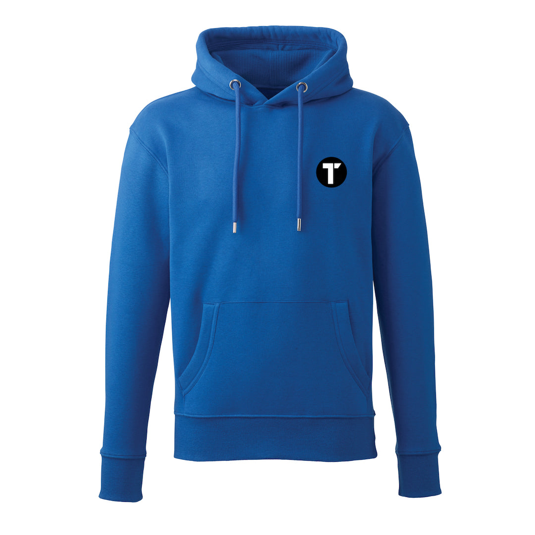 Blue Hoody with Tenacious 'T'  logo embroidered in black and white on the left chest.