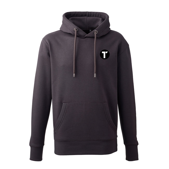 Charcoal Hoody with Tenacious 'T'  logo embroidered in black and white on the left chest.