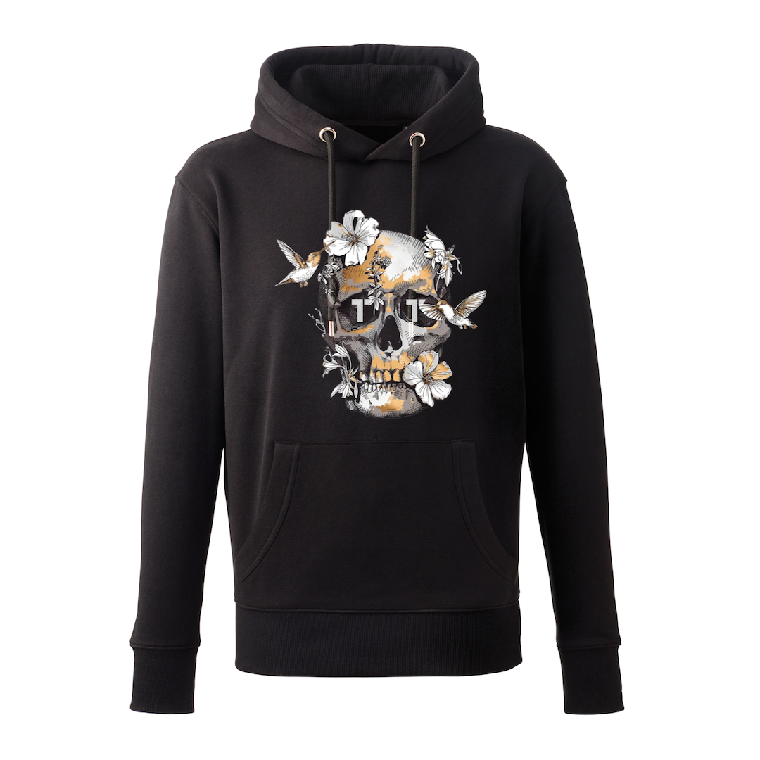 Tenacious black hoody with 'Bird Skull' design on the front. 