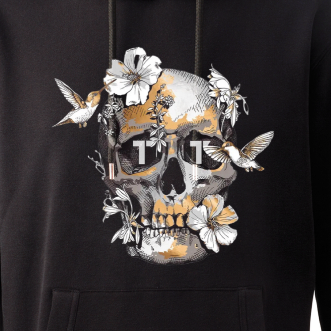 Tenacious black hoody with 'Bird Skull' design on the front. 