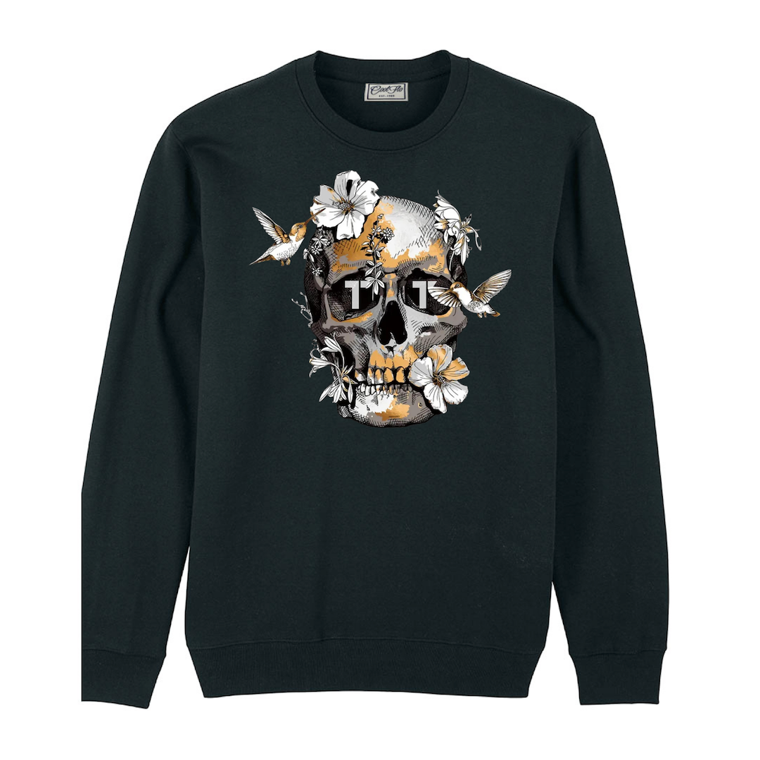 Tenacious black sweatshirt with 'Bird Skull' design printed on the front. 