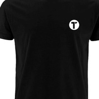 Black T-shirt with Tenacious 'T'  logo printed on the left in white.