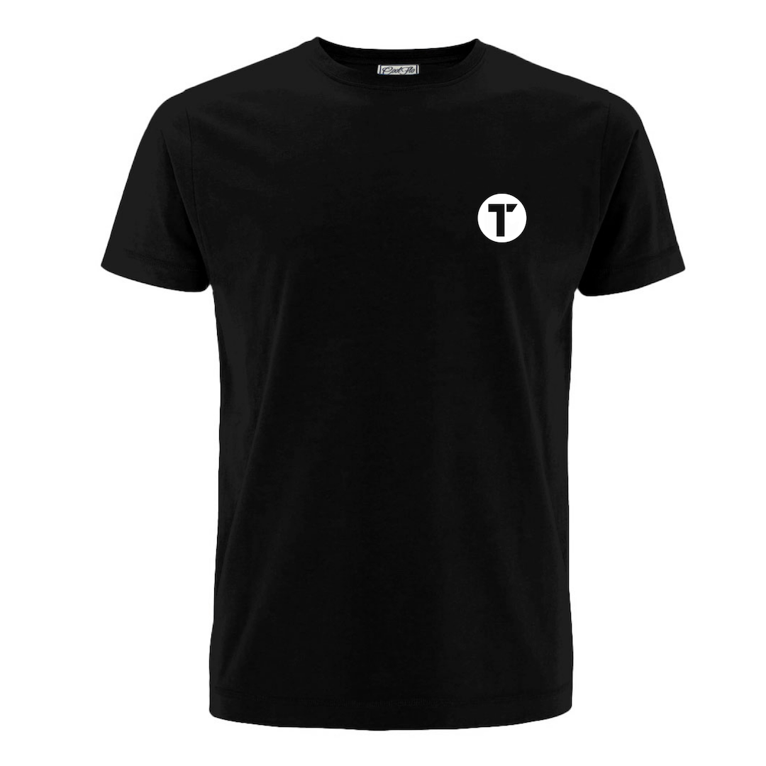 Black T-shirt with Tenacious 'T'  logo printed on the left in white.