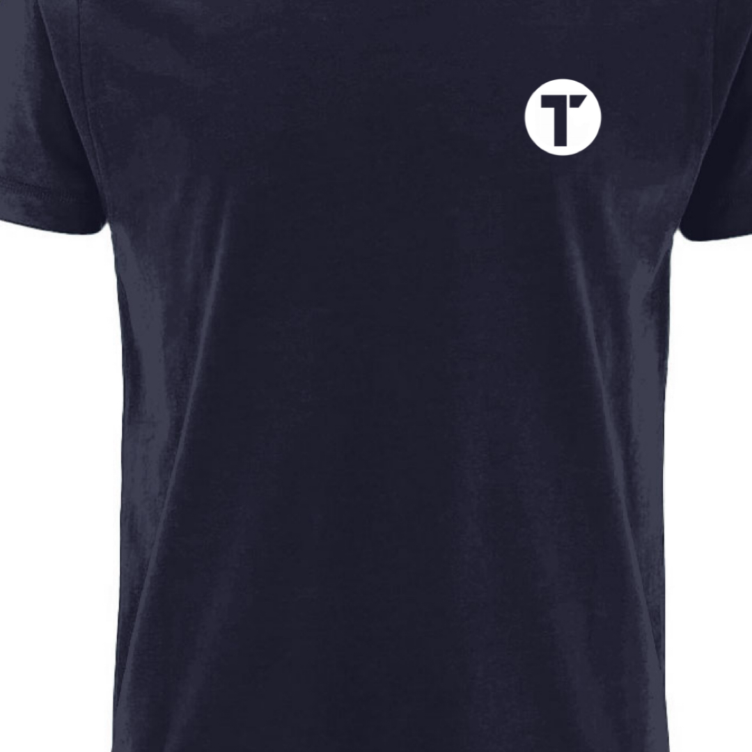 Navy T-shirt with Tenacious 'T'  logo printed on the left in white.