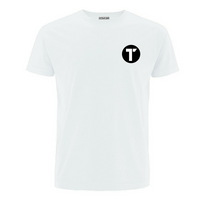 Tenacious white tee with black logo printed on left.