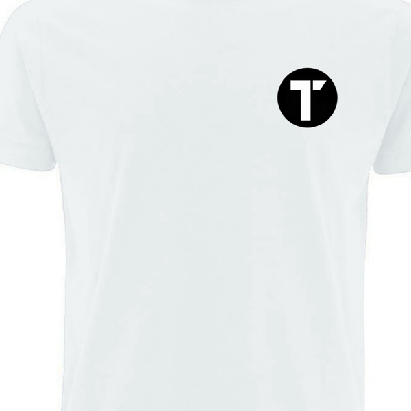 Tenacious white tee with logo printed on left.