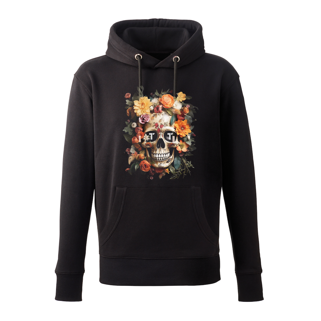 Tenacious 'Orange Flower Skull' black hoody with full colour design printed on the front. 