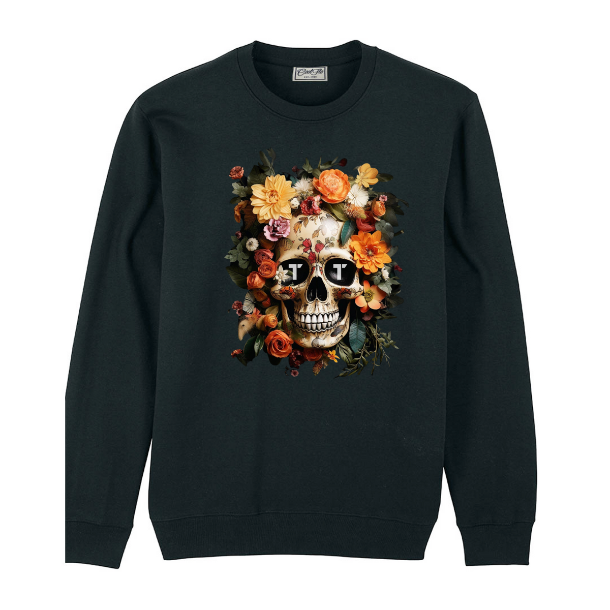 Tenacious black sweatshirt with 'Orange Flower Skull' full colour design printed on the front. 