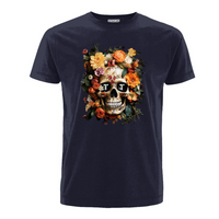 Tenacious Orange Flower Skull T-shirt, navy with design on the front.