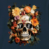 Tenacious Orange Flower Skull T-shirt, navy with design on the front.