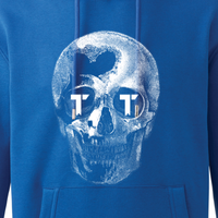 Blue hoody with white 'Sillouette Skull' design printed on the front.