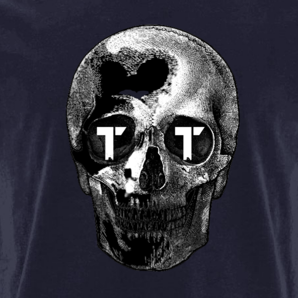 Tenacious navy tee with black and white 'Sillouette Skull' design printed on front.