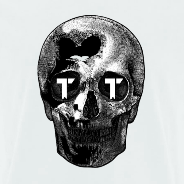 Tenacious white tee with black and white 'Sillouette Skull' design printed on front.