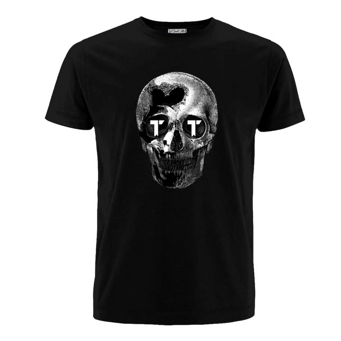 Tenacious black tee with black and white 'Sillouette Skull' design printed on front.