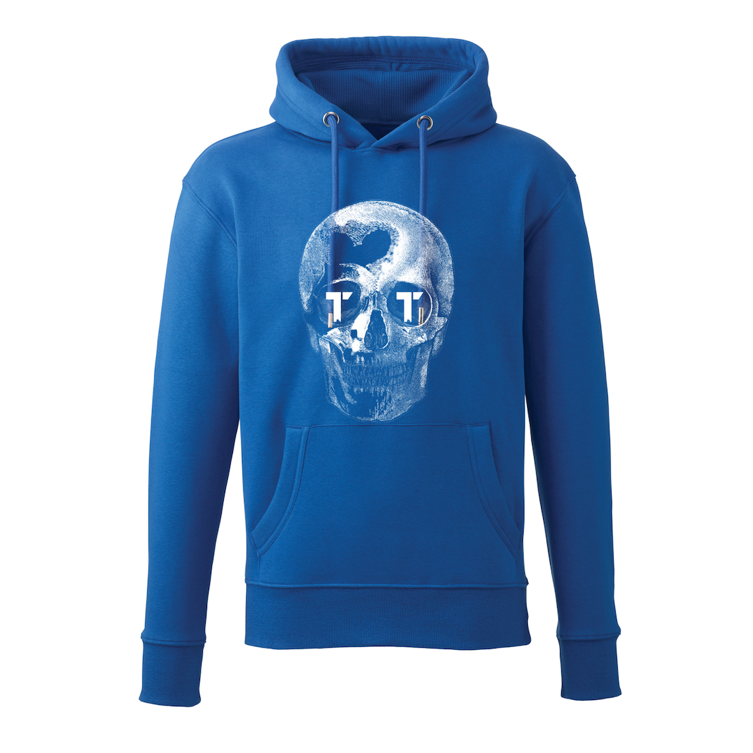 Blue hoody with white 'Sillouette Skull' design printed on the front.