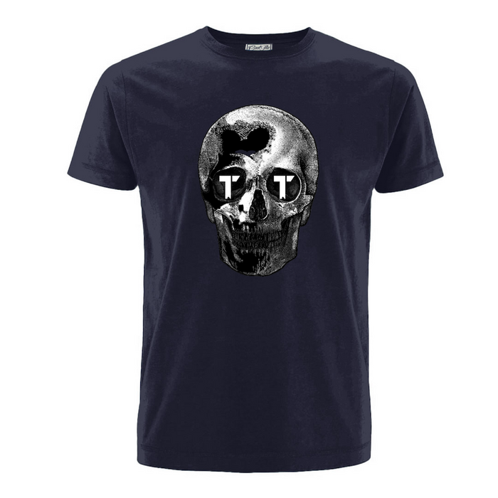 Tenacious navy tee with black and white 'Sillouette Skull' design printed on front.