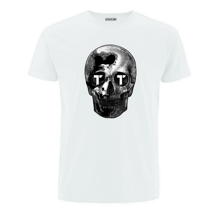 Tenacious white tee with black and white 'Sillouette Skull' design printed on front.