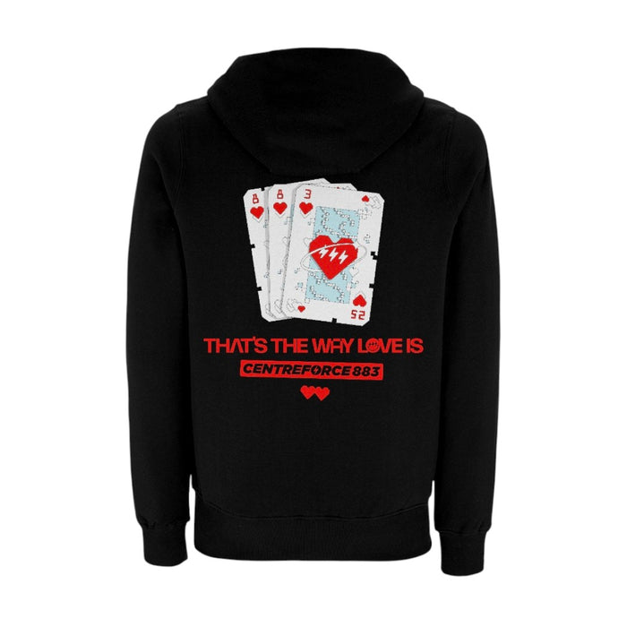 Centreforce That's the Way Love Is 883 black hoody. Reverse print featuring a playing cards design with the numbers 883 on three cards in the suit of hearts. (Red white and light blue print.)