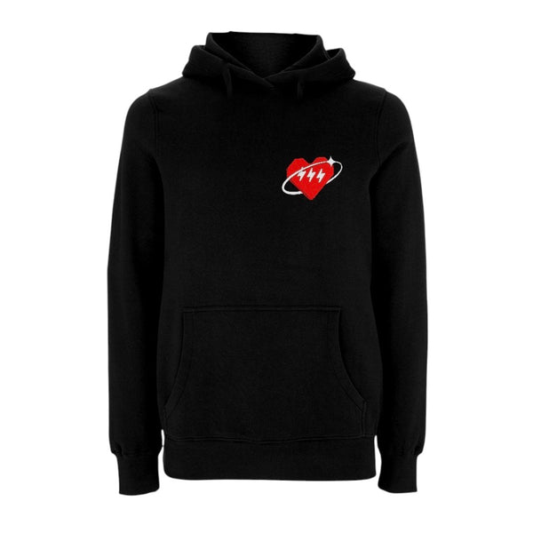 Centreforce 883 black hoody with a left chest print in red and white featuring a starry orbit image circling a heart with three lightning bolt symbols_front