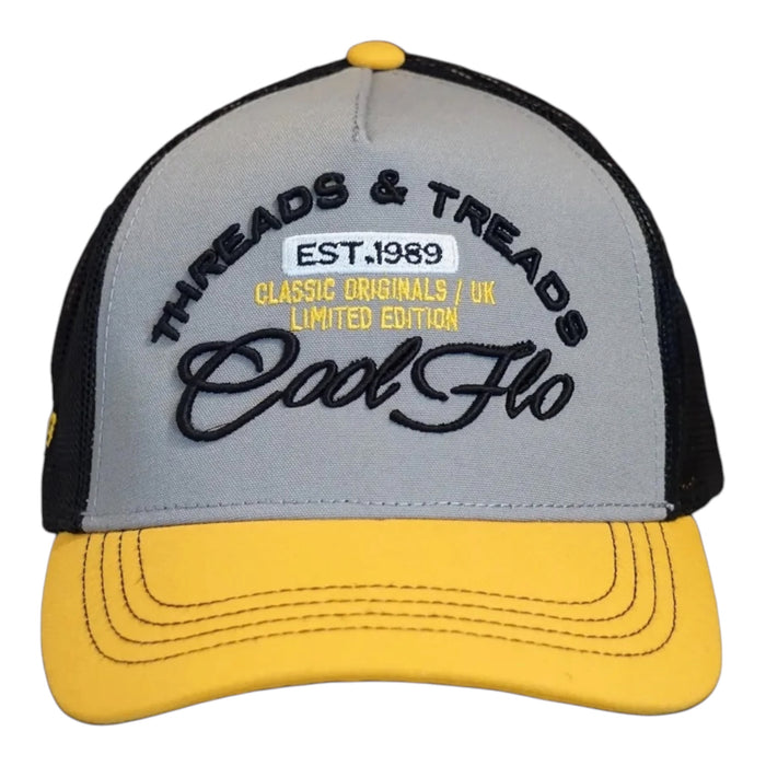Front view of a Cool Flo Threads & Treads trucker cap in Yellow/Black/White featuring embroidered Threads & Treads artwork with a structured front panel and curved visor