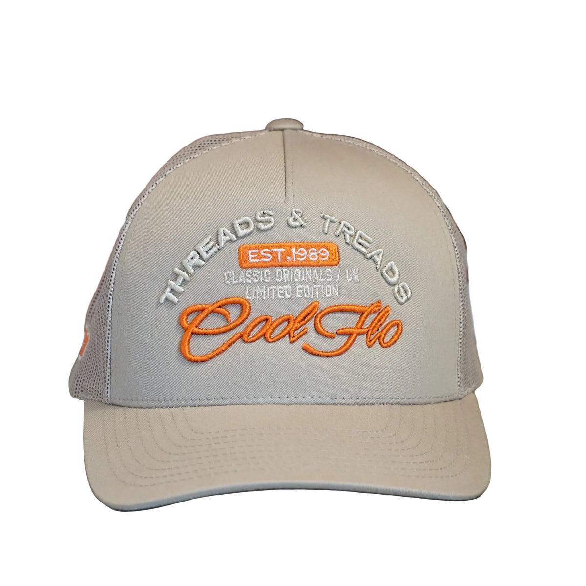 Front view of a Cool Flo Threads & Treads trucker cap in Khaki featuring embroidered Threads & Treads artwork with a structured front panel and curved visor