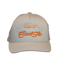Front view of a Cool Flo Threads & Treads trucker cap in Khaki featuring embroidered Threads & Treads artwork with a structured front panel and curved visor