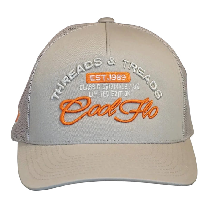 Front view of a Cool Flo Threads & Treads trucker cap in Khaki featuring embroidered Threads & Treads artwork with a structured front panel and curved visor
