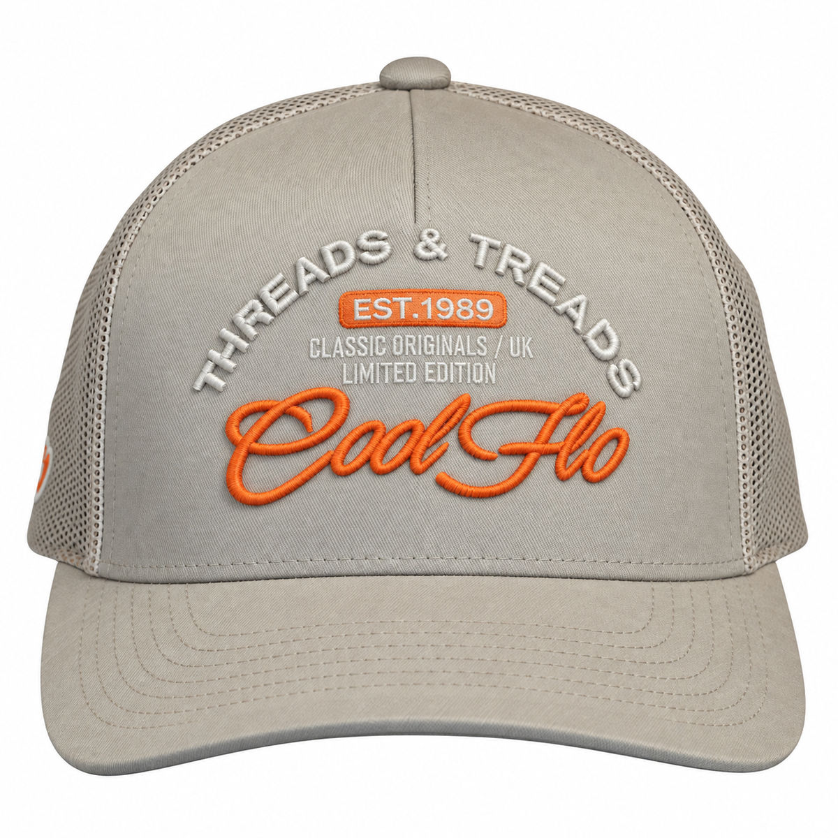 Front view of a Cool Flo Threads & Treads trucker cap in Khaki featuring embroidered Threads & Treads artwork with a structured front panel and curved visor.