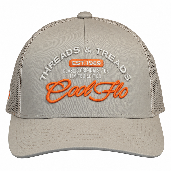 Front view of a Cool Flo Threads & Treads trucker cap in Khaki featuring embroidered Threads & Treads artwork with a structured front panel and curved visor.