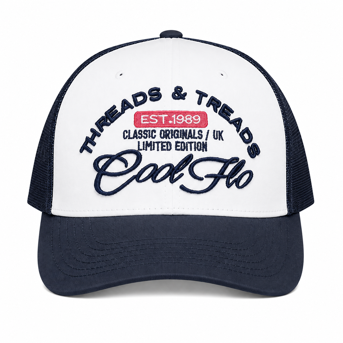 Front view of a navy and white Cool Flo Threads & Treads trucker cap with raised embroidered logo and navy curved visor.