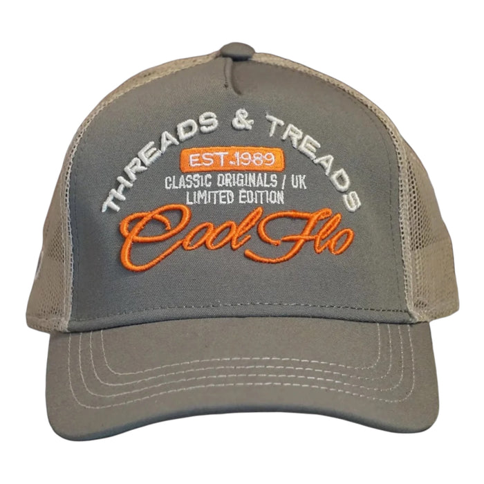 Front view of a Cool Flo Threads & Treads trucker cap in Olive/Khaki featuring embroidered Threads & Treads artwork with a structured front panel and curved visor