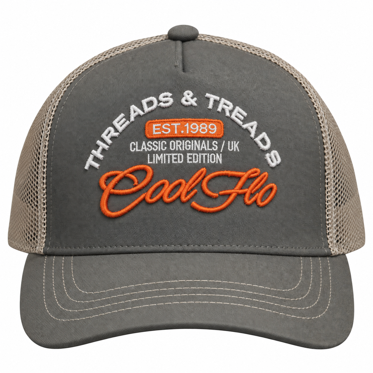 Front view of a Cool Flo Threads & Treads trucker cap in Olive/Khaki featuring embroidered Threads & Treads artwork with a structured front panel and curved visor.