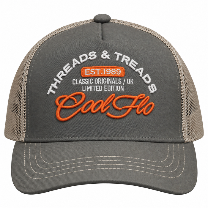 Front view of a Cool Flo Threads & Treads trucker cap in Olive/Khaki featuring embroidered Threads & Treads artwork with a structured front panel and curved visor.