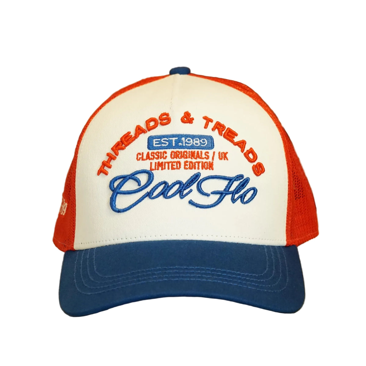 Front view of a Cool Flo Threads & Treads trucker cap in Red/White/Navy featuring embroidered Threads & Treads artwork with a structured front panel and curved visor